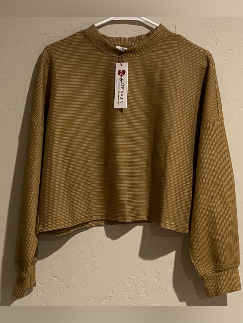Ribbed Cropped Crewneck Sweatshirt - Mustard Brown